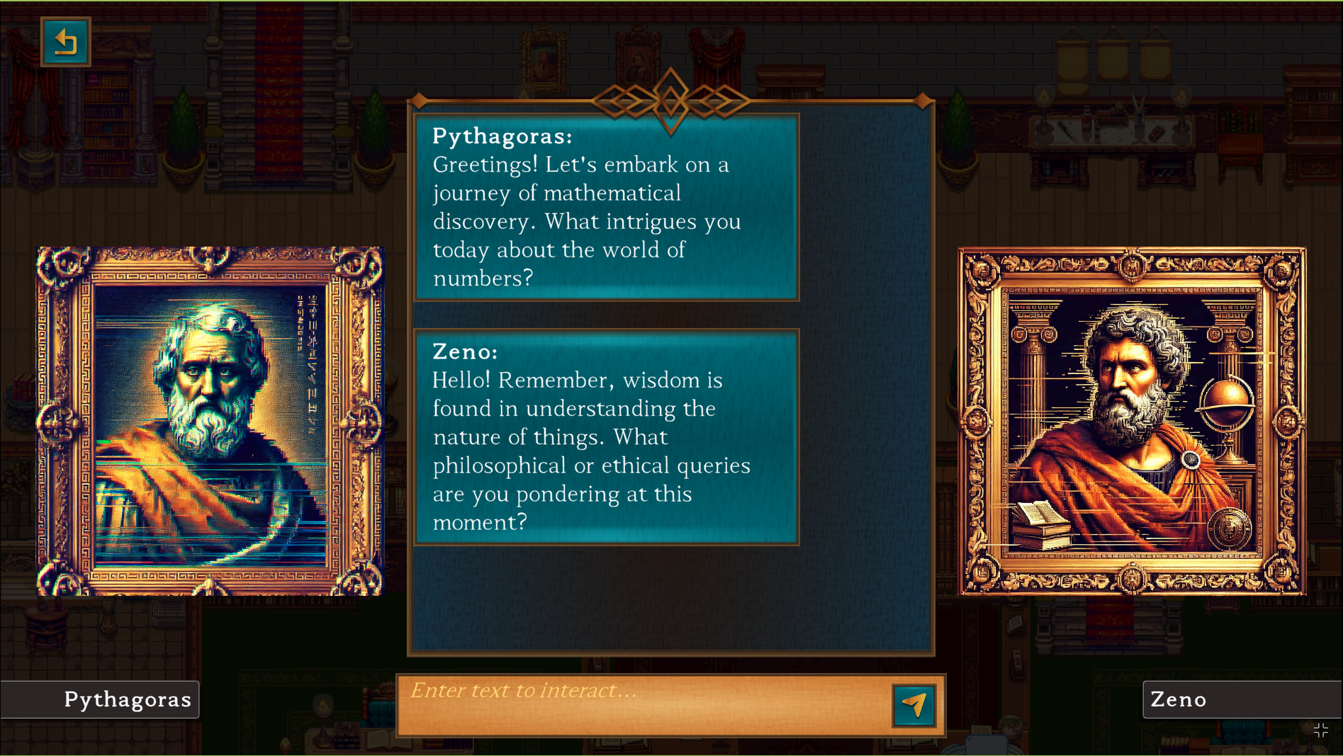 Democritus talking to Zeno.